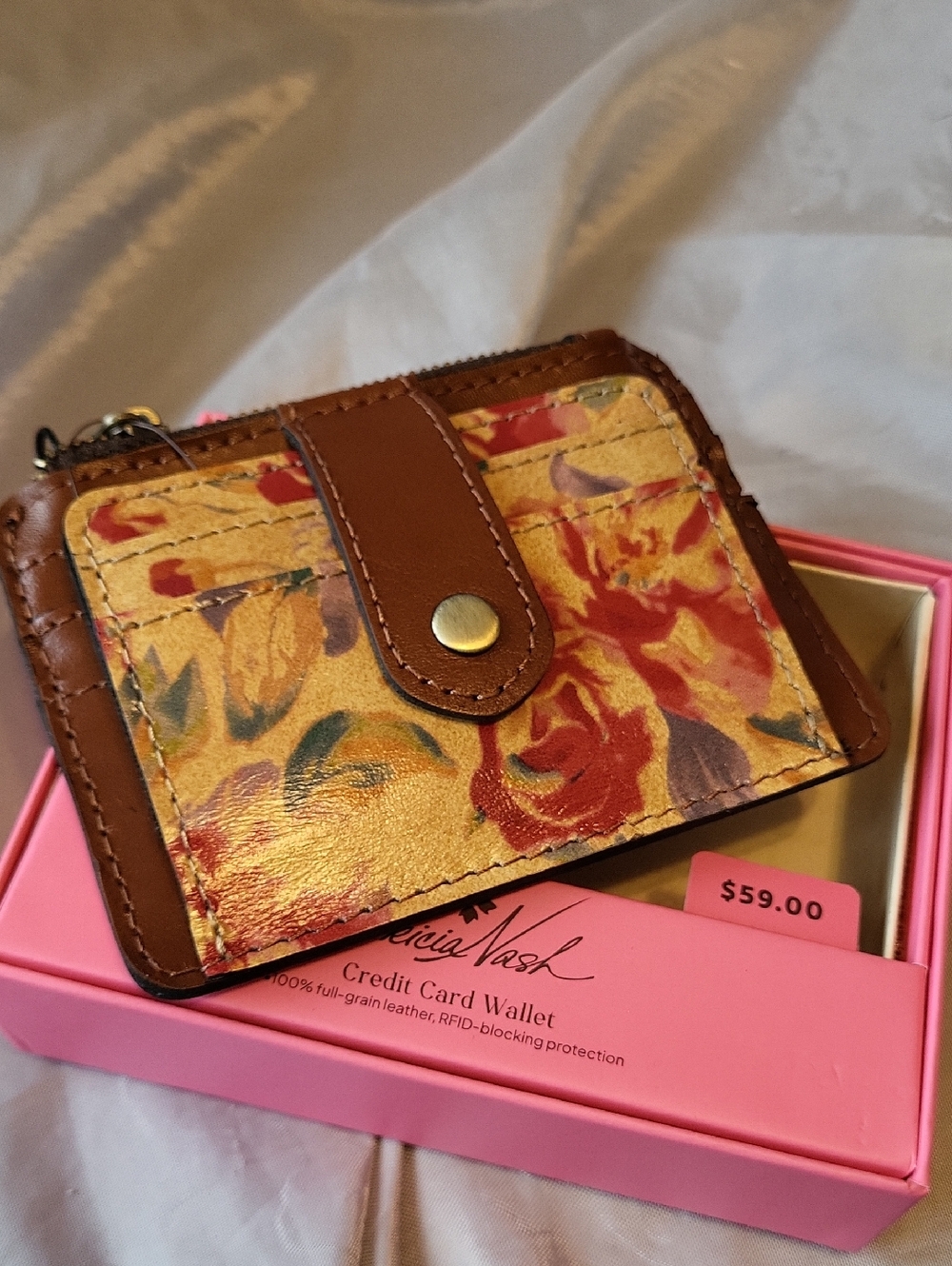 Patricia Nash Cassis Aegan Blooms Tan Trim Floral Leather Card Wallet HL